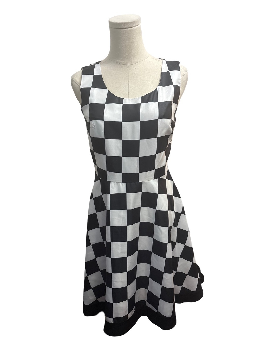 Checkerboard Sleeveless SILK A-Line Dress - Black & White - size S